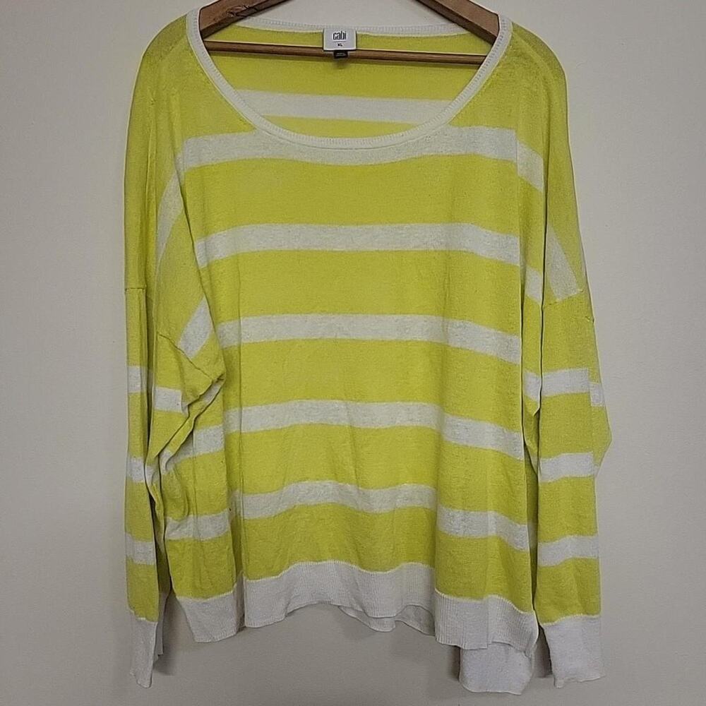 Cabi Yellow Striped Linen Blend Blouse XL Long Sleeve Boho Preppy Y2K Coastal